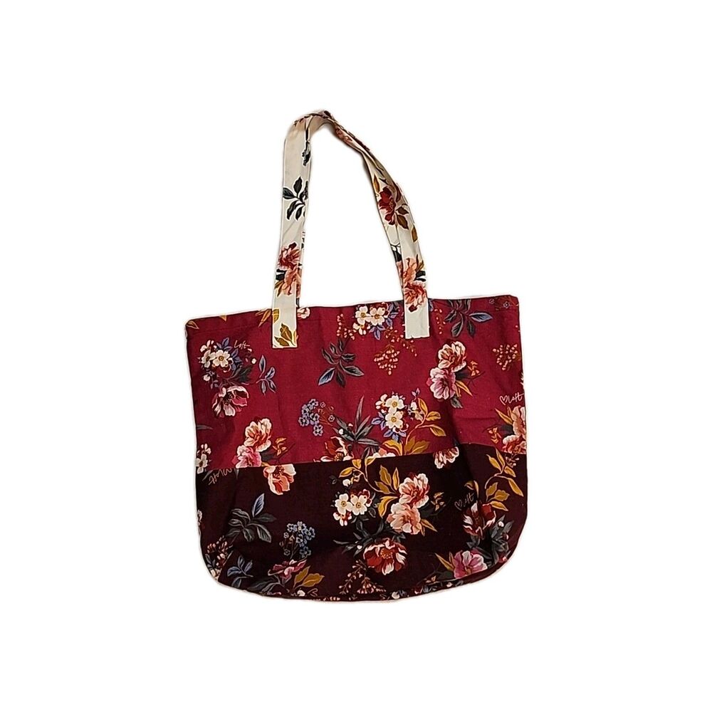 Ann Taylor LOFT Floral Pink Burgundy Black Canvas Tote Bag Beautiful
